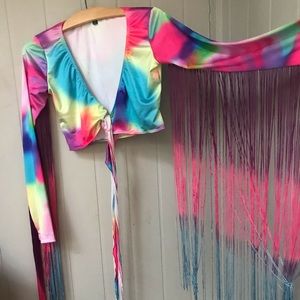 Dolls Kill Rainbow Tie Dye Long Sleeve w/ Fringe